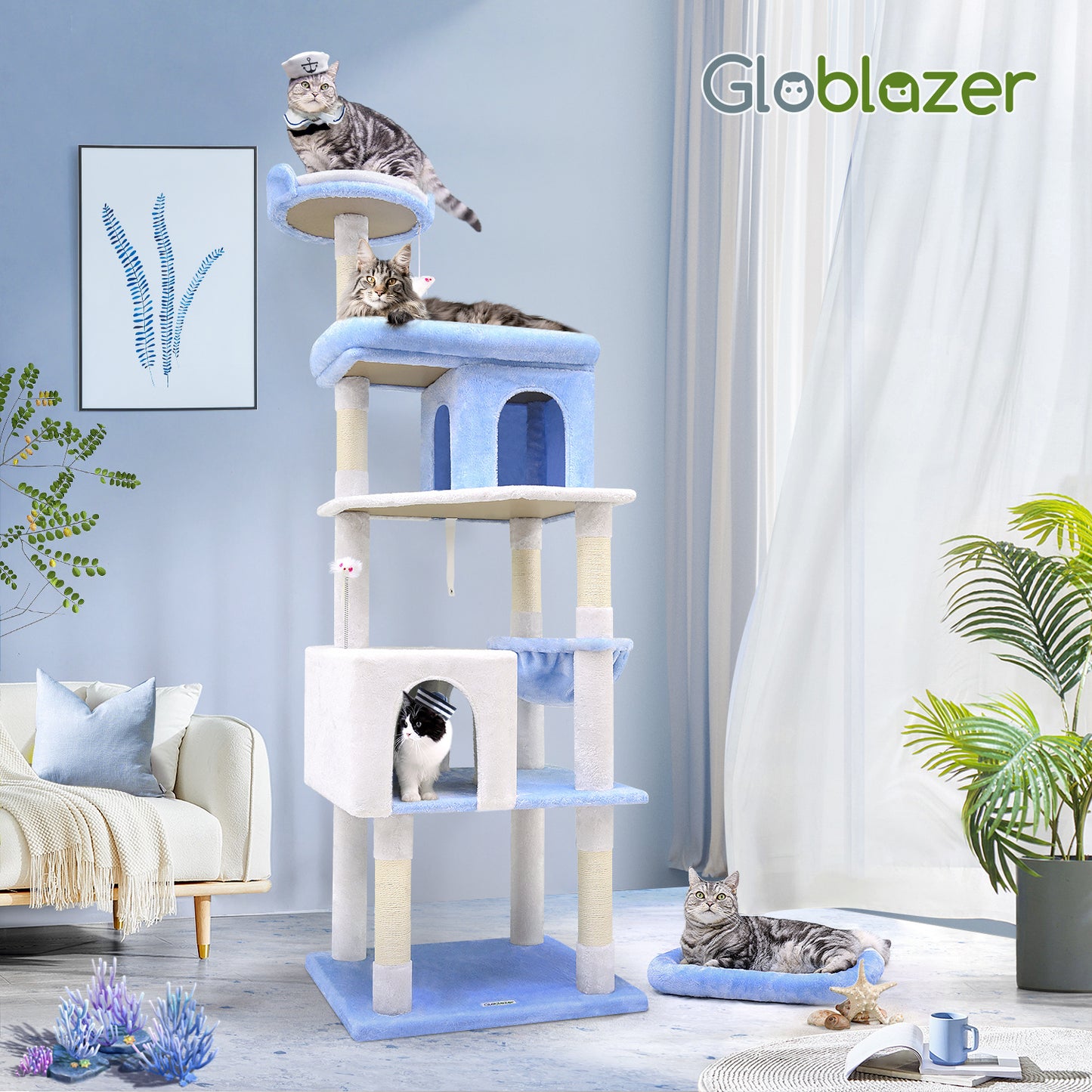 72-Inch Marine Blue Multi-Level Cat Tree Tower – Cat Climbing Frame with Scratching Posts, Platforms & Hideouts for Indoor Cats | Infinity Bazaar