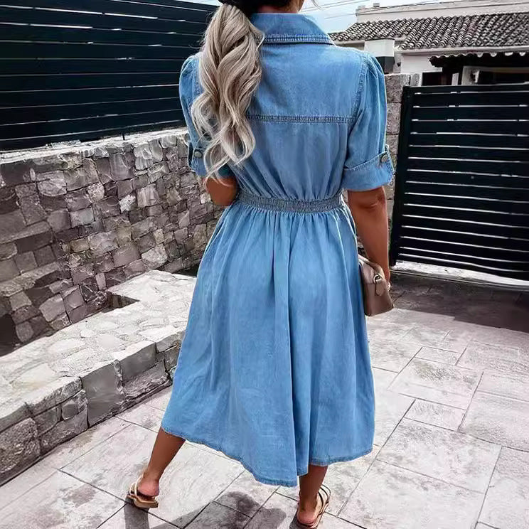 Women's Single-breasted Short Sleeved Lapel Denim Dress