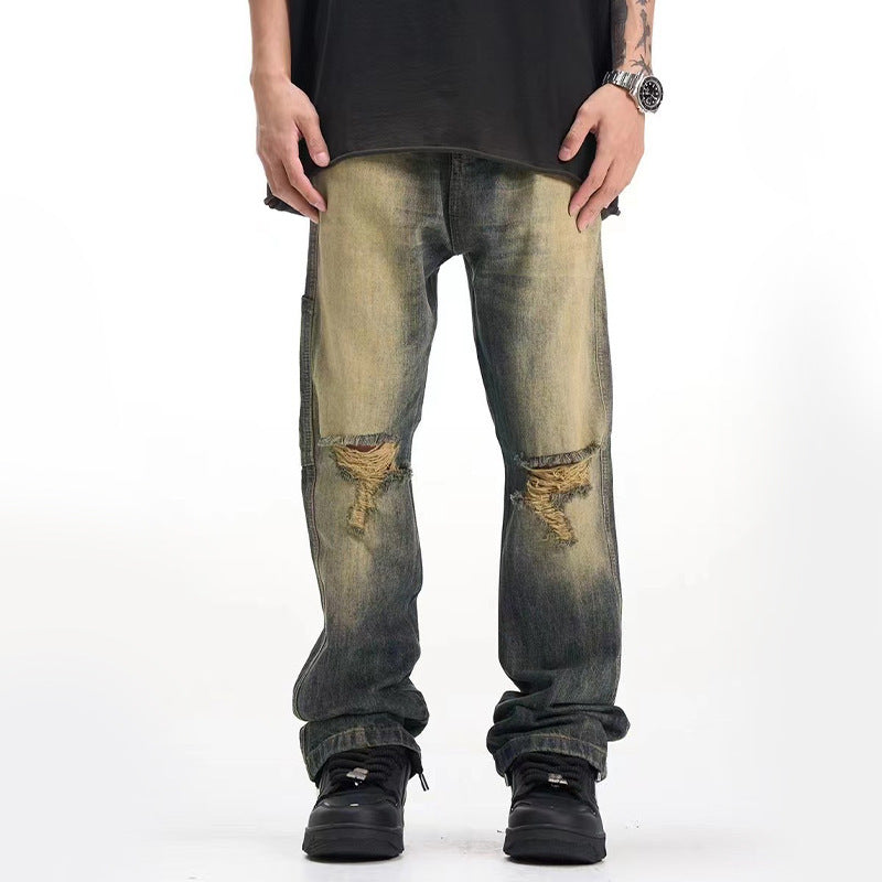 Retro Make Old Ripped Cement Yellow Jeans For Men