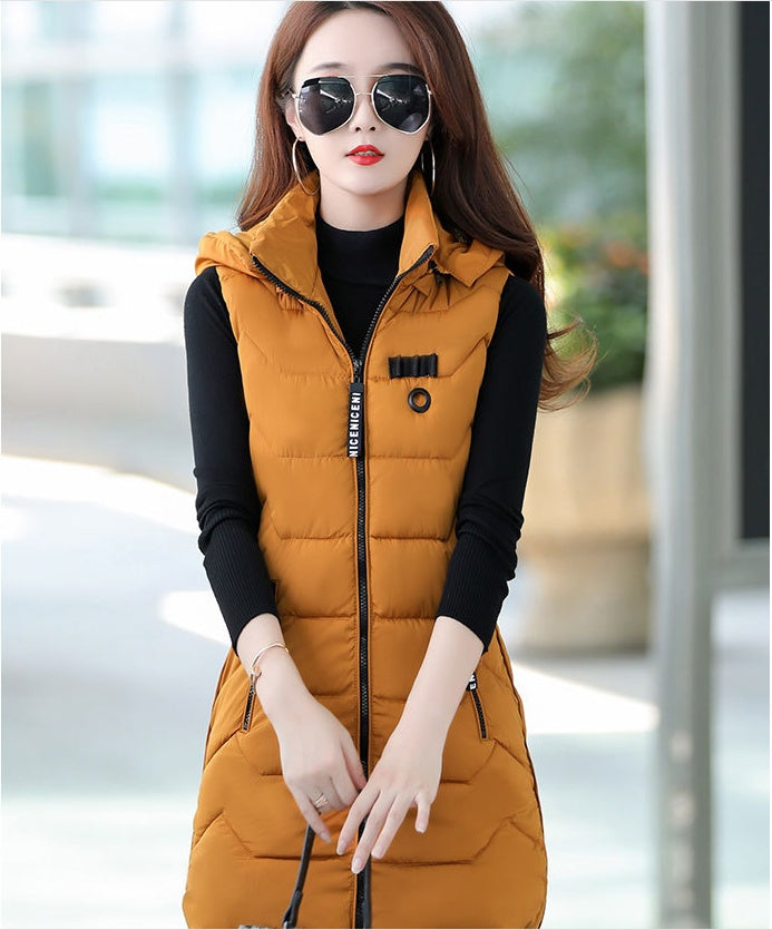 Mid-length Slim-fit Hooded Sleeveless Down Padded Vest