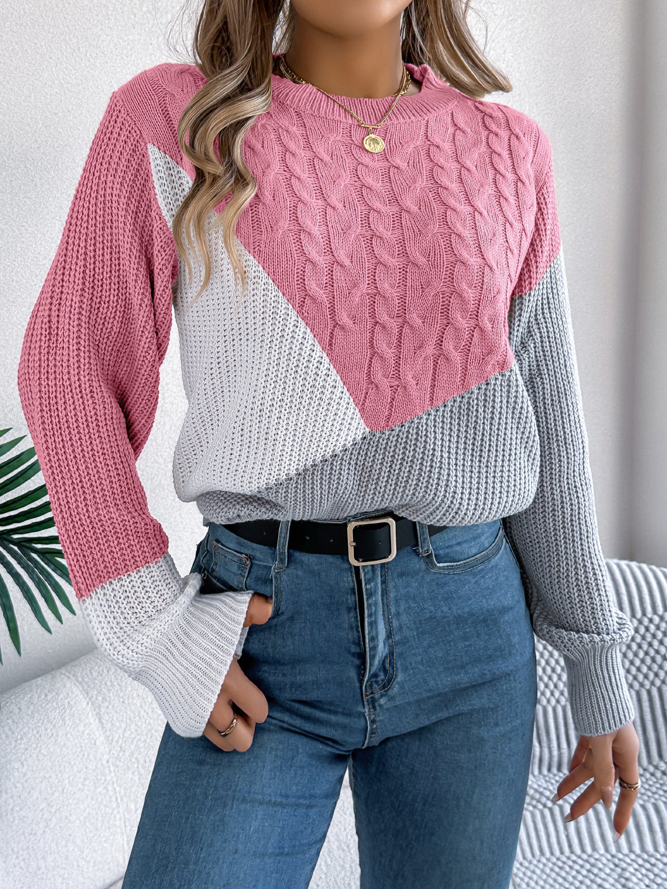 Contrast Color Twist Long Sleeve Pullover Women's Sweaters