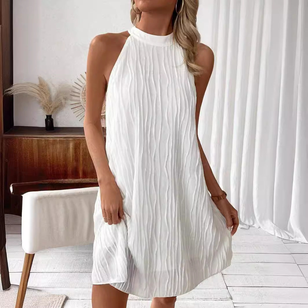 Halter Backless Pure Color Sun Dress – Sleeveless Mid-Length Dress for Women | Infinity Bazaar