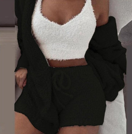 3pcs Velvet Pajama Set for Women – Long Sleeve Crop Top, Drawstring Shorts & Tank Vest Sleepwear | Infinity Bazaar