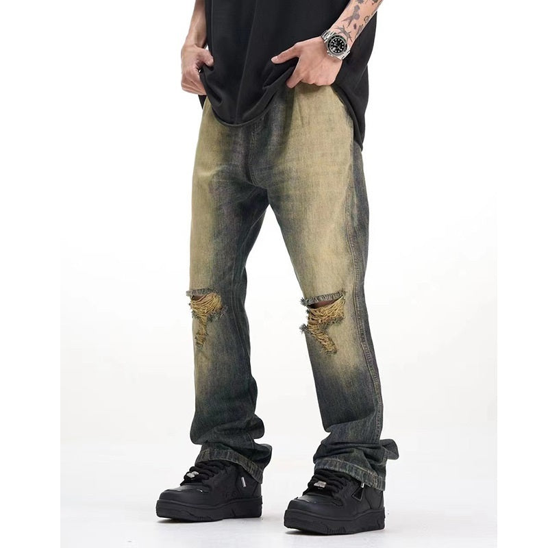 Retro Make Old Ripped Cement Yellow Jeans For Men