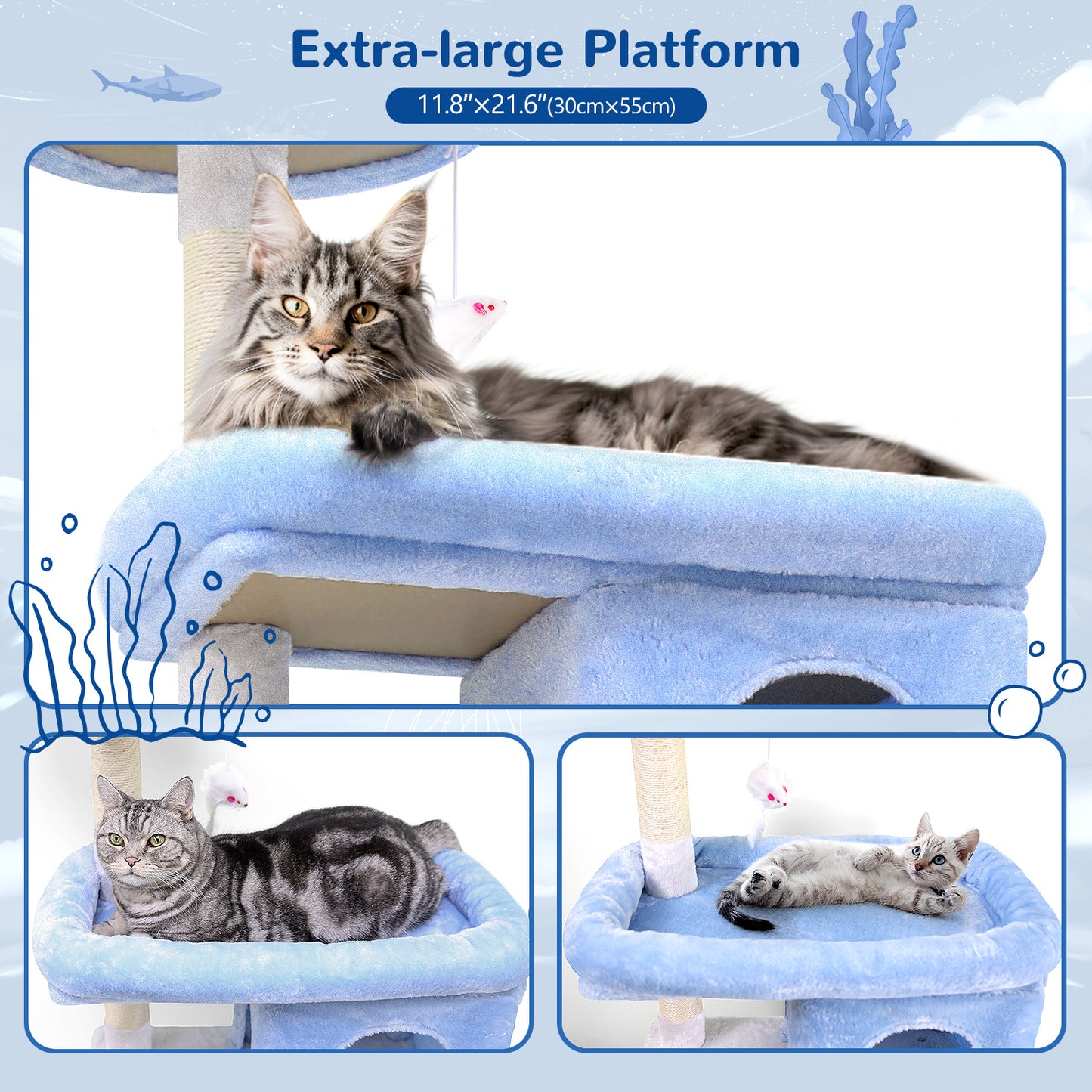 72-Inch Marine Blue Multi-Level Cat Tree Tower – Cat Climbing Frame with Scratching Posts, Platforms & Hideouts for Indoor Cats | Infinity Bazaar