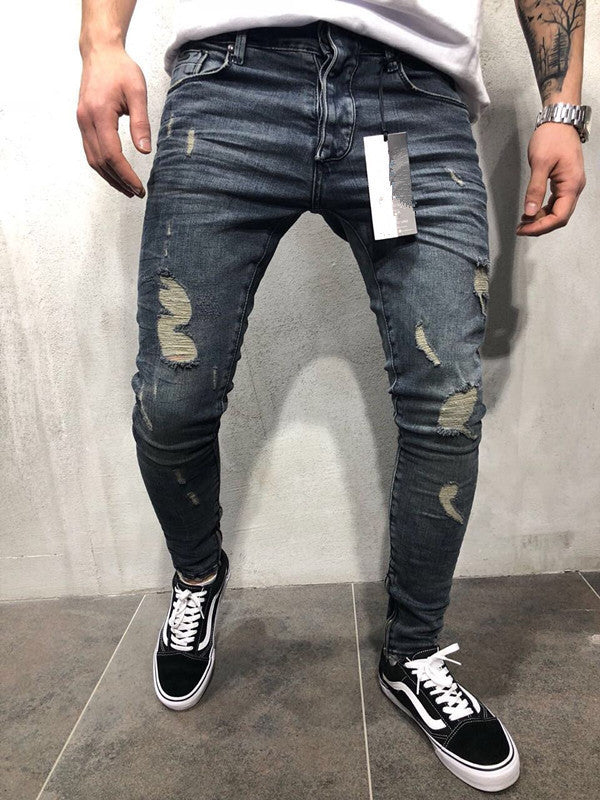 High street tide men's hole jeans stretch large size pants slim pants Biker jeans