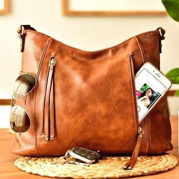 Retro Double Zipper Tassel Shoulder Bag for Women | Embossed PU Leather, Cylinder Shape, European-American Style | PG-275 Brown / Gray | Infinity Bazaar