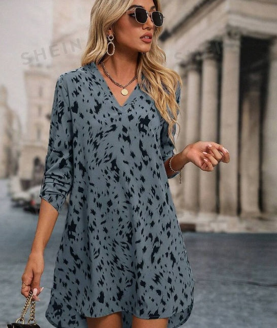 Women’s Casual V-Neck Tunic Dress with Roll-Up Sleeves – Dusty Blue Print | Infinity Bazaar