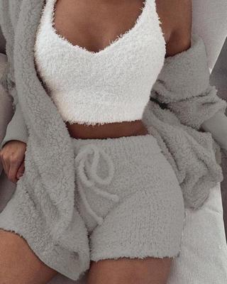 3pcs Velvet Pajama Set for Women – Long Sleeve Crop Top, Drawstring Shorts & Tank Vest Sleepwear | Infinity Bazaar