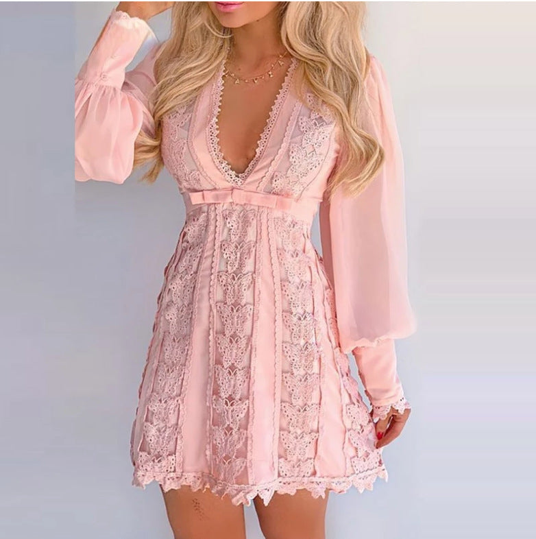 Women’s Long Lace Puff Sleeve Butterfly Dress – High Waist Short Skirt | Infinity Bazaar