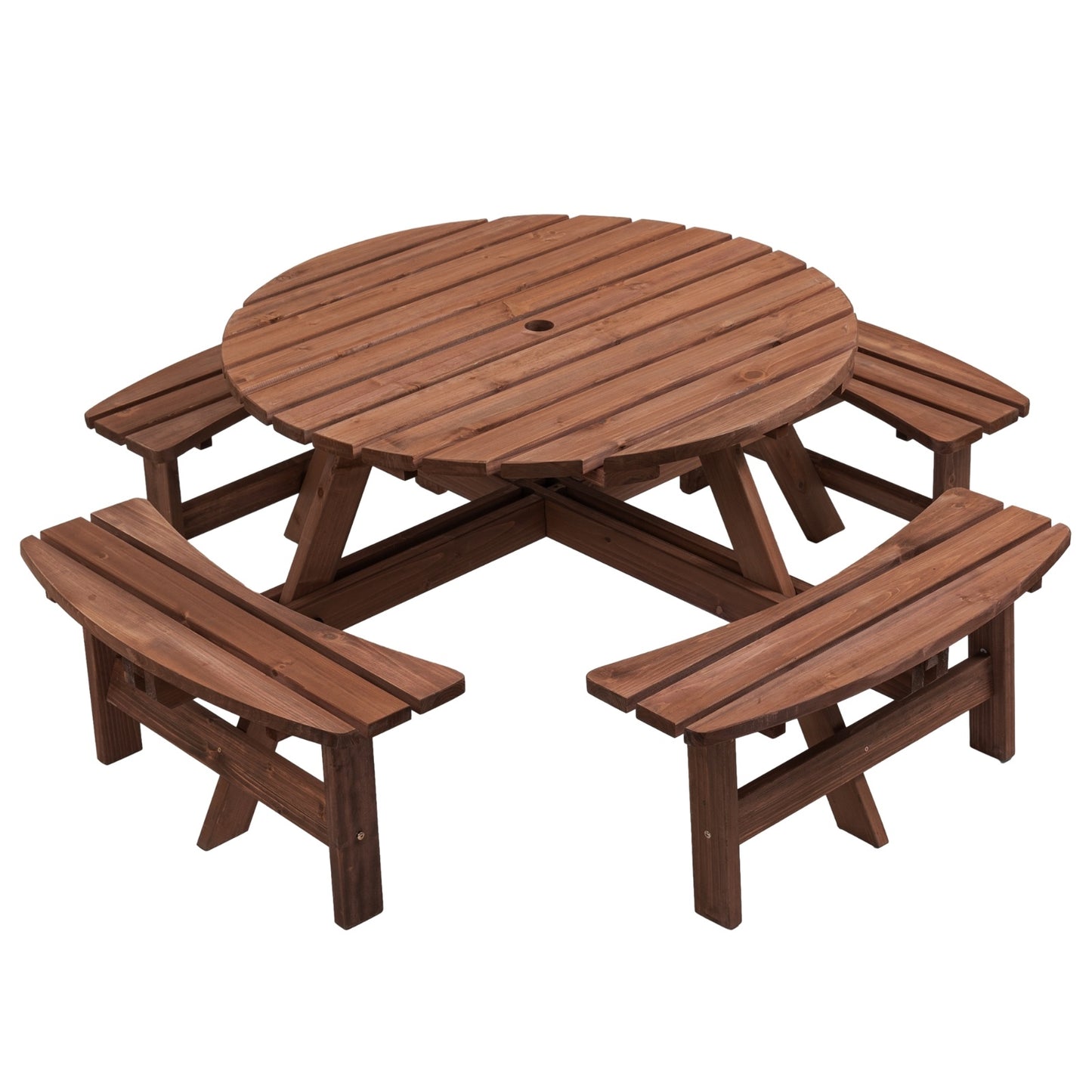 8-Person Wooden Picnic Table with 4 Built-in Benches – Round Outdoor Camping & Garden Dining Table, 2220lb Capacity, Fir Wood | Infinity Bazaar