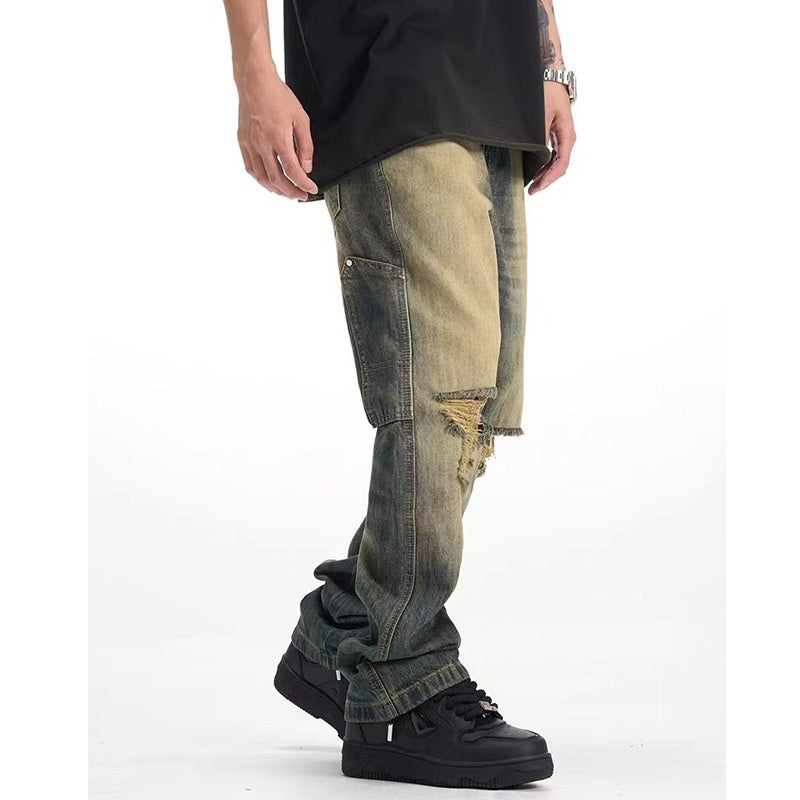 Retro Make Old Ripped Cement Yellow Jeans For Men