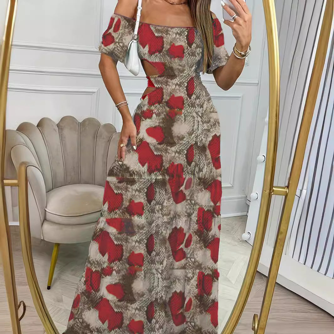 Women’s Floral Print Long Chiffon Dress with Hollow Waist and Collar Detail | Infinity Bazaar