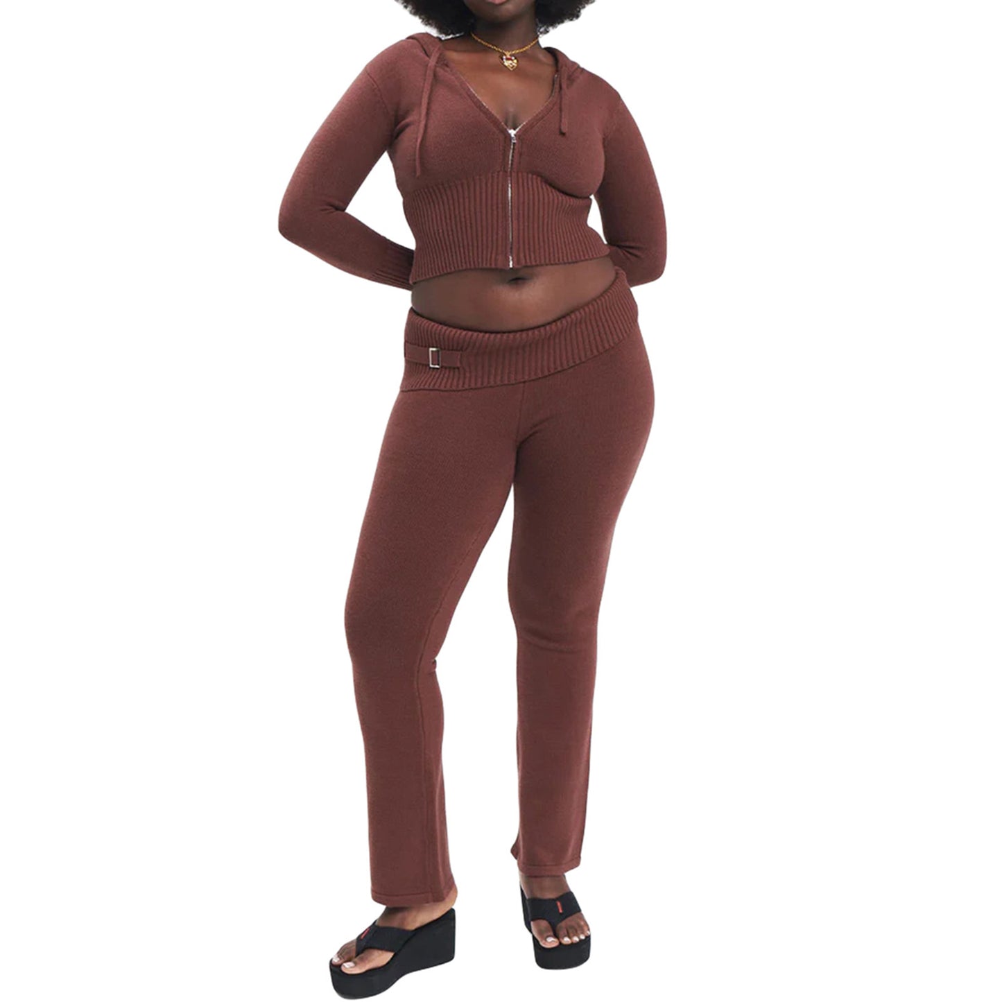Women Leisure Suit with Zipper - Long Sleeve Sweater And High Waist Long Pants Set