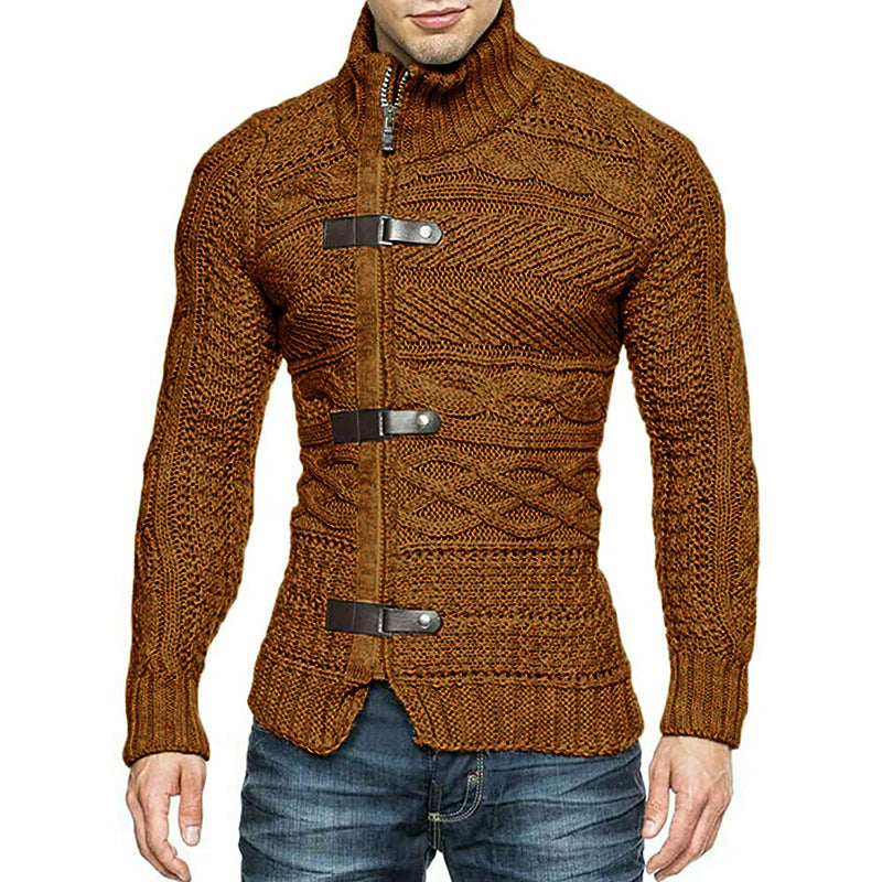 Turtleneck Sweater Men's Leather Button Long Sleeve Knit Cardigan Jacket