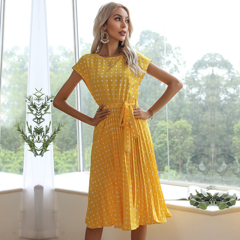 Women’s Summer Polka Dot Pleated Midi Dress – Short Sleeve Button-Down Style | Infinity Bazaar