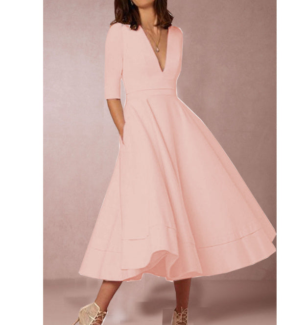 Women’s Retro 60s V-Neck Swing Dress with Mid Sleeves and Zipper | Infinity Bazaar