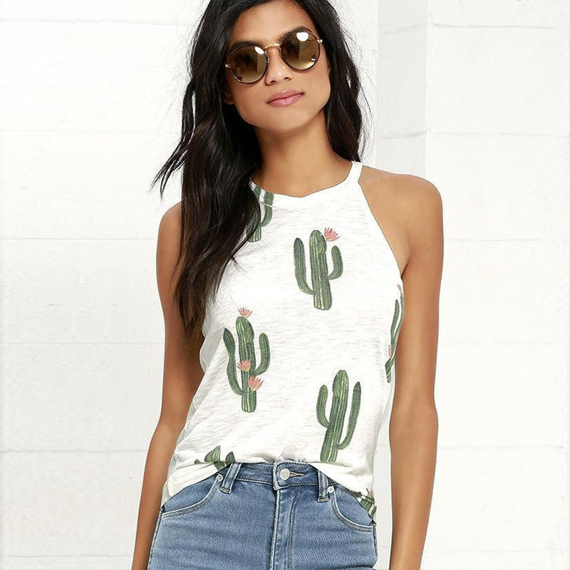 Summer Cactus Print Women T Shirt Casual Halter Harajuku Women T-Shirt