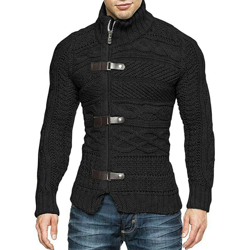 Turtleneck Sweater Men's Leather Button Long Sleeve Knit Cardigan Jacket