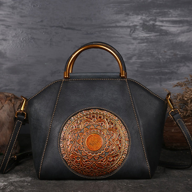 Genuine Embossed Retro Leather Messenger Handbag with Totem Pattern - High Quality Natural Leather
