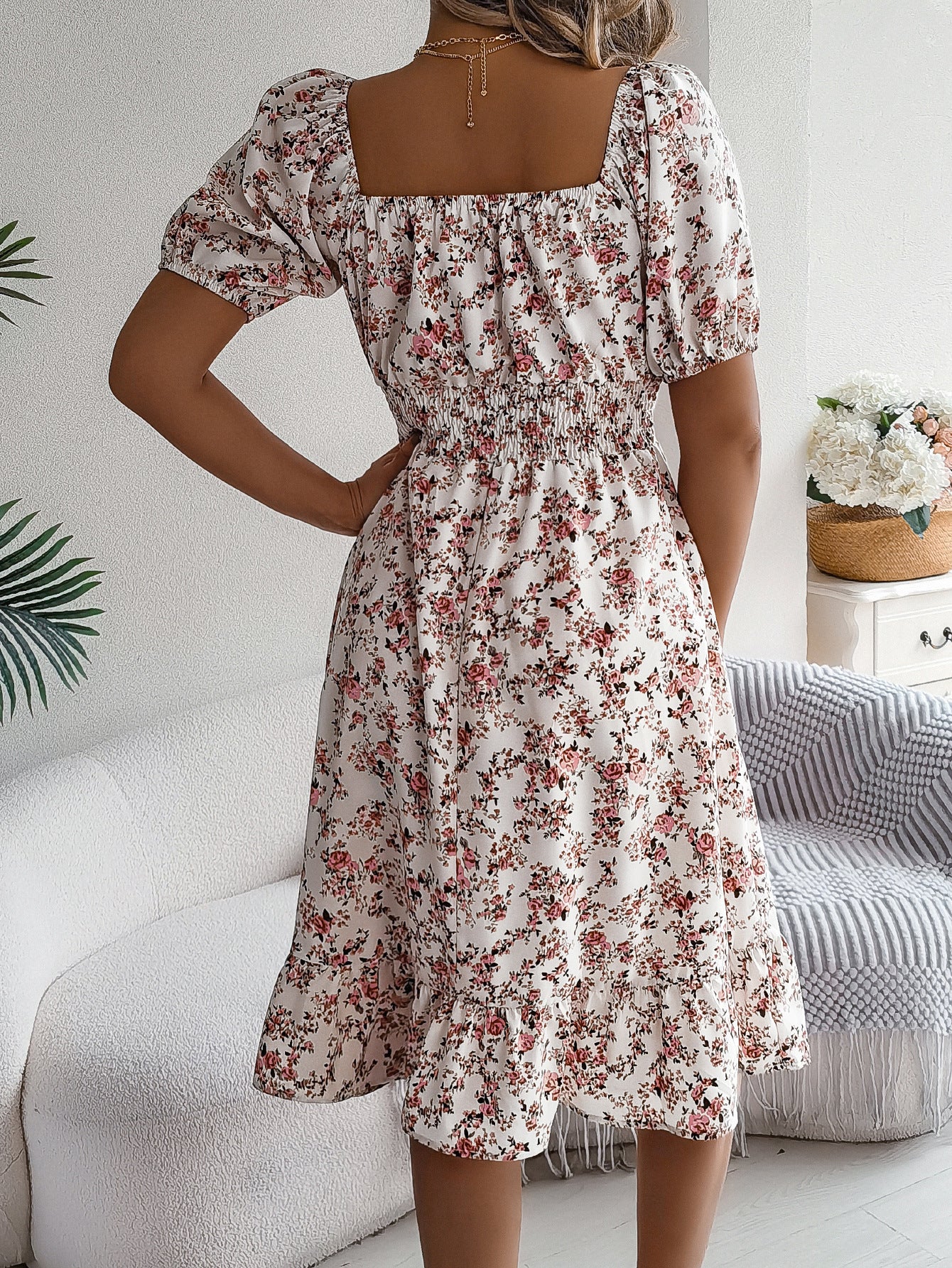 Women's Floral Print Square Collar Summer Dress with Ruffles | Infinity Bazaar
