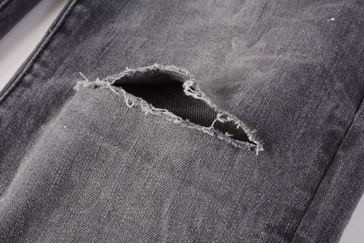 Purple Denim Jeans - Gray Knee Knife Ripped Splash Ink