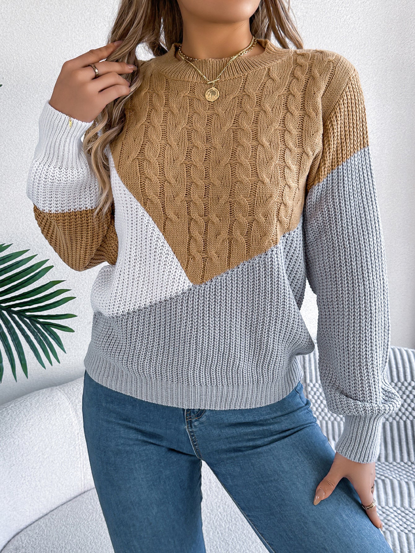 Contrast Color Twist Long Sleeve Pullover Women's Sweaters