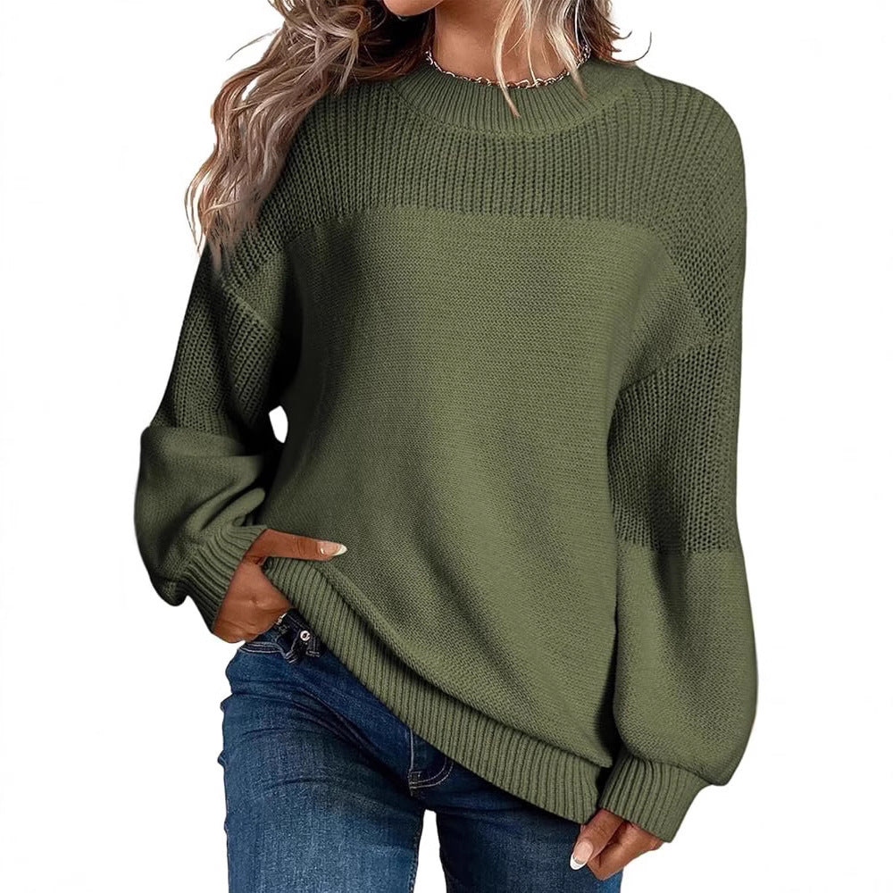 Solid Color Lantern Sleeve Pullover Round Neck Sweater