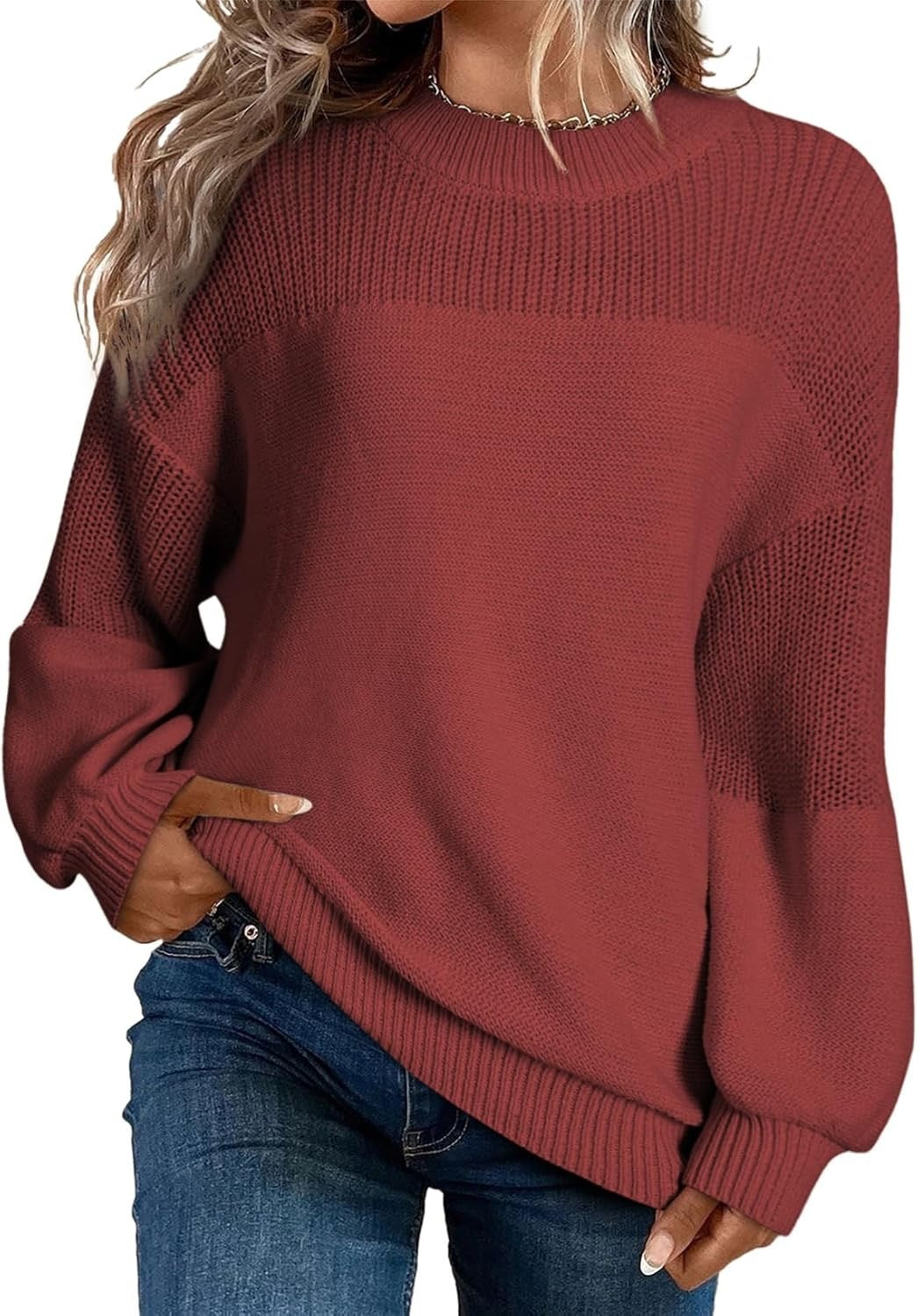 Solid Color Lantern Sleeve Pullover Round Neck Sweater
