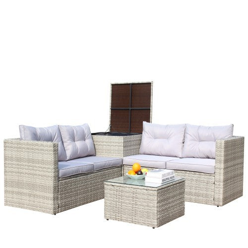 4-Piece Patio Sectional Wicker Rattan Outdoor Furniture Sofa Set with Storage Box – Grey | Infinity Bazaar