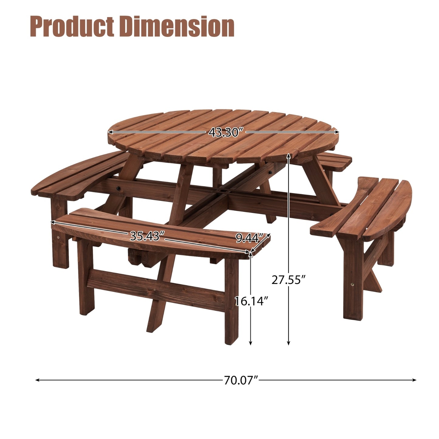 8-Person Wooden Picnic Table with 4 Built-in Benches – Round Outdoor Camping & Garden Dining Table, 2220lb Capacity, Fir Wood | Infinity Bazaar