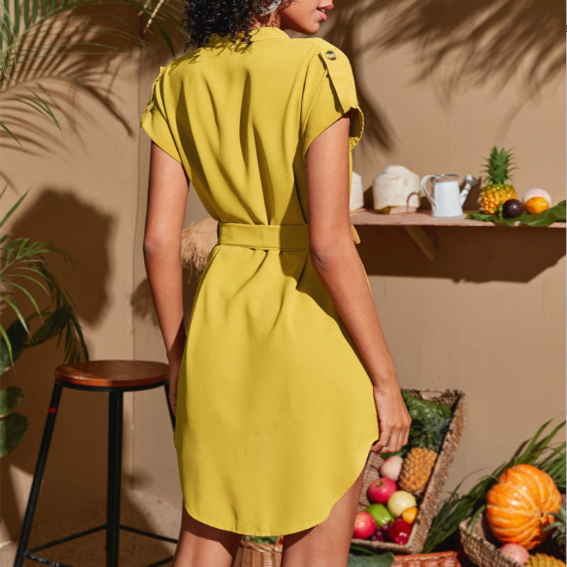 Women’s V-Neck Short Sleeve Summer Dress with Belt and Bowknot | Infinity Bazaa