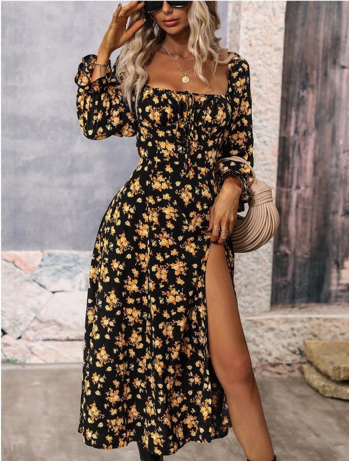 Women’s Floral Long Sleeve Square-Neck Dress with Bottom Slit | Infinity Bazaar