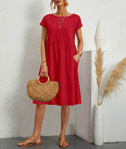 Women's Cotton A-Line Dress – Round Neck Casual Skirt Dress | Infinity Bazaar