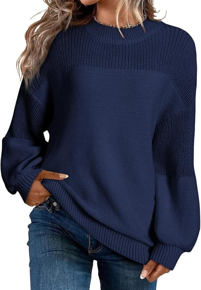Solid Color Lantern Sleeve Pullover Round Neck Sweater