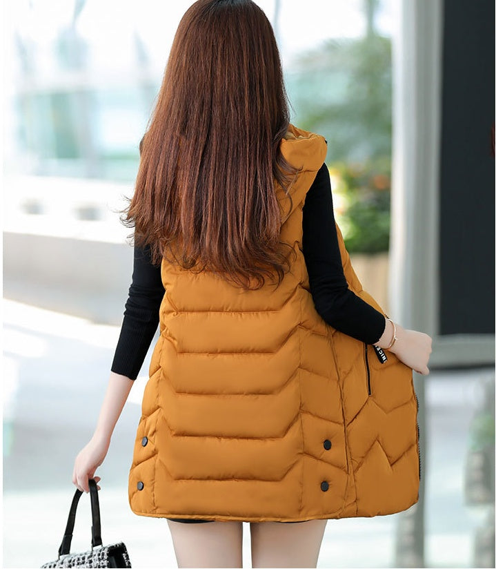 Mid-length Slim-fit Hooded Sleeveless Down Padded Vest