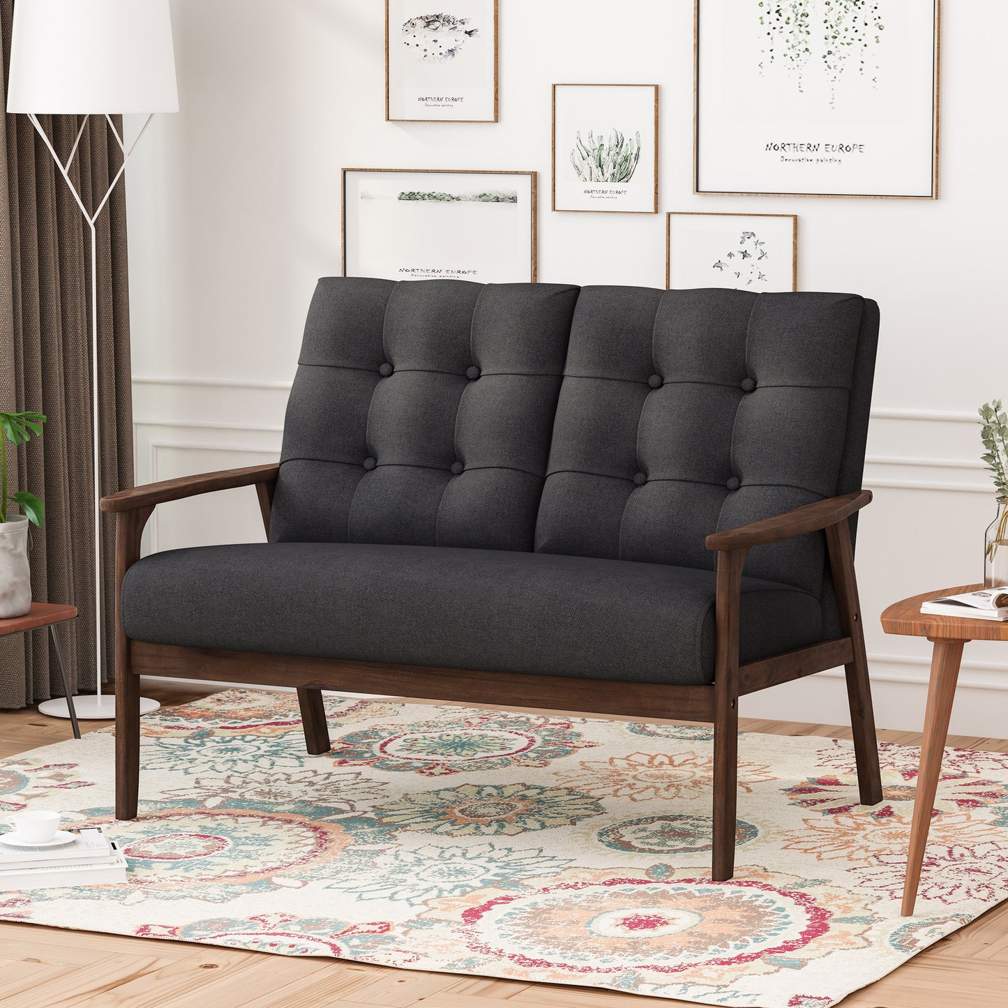 2-Person Sofa in Charcoal Gray – Button-Tufted Fabric Loveseat with Walnut Wood Legs | Infinity Bazaar