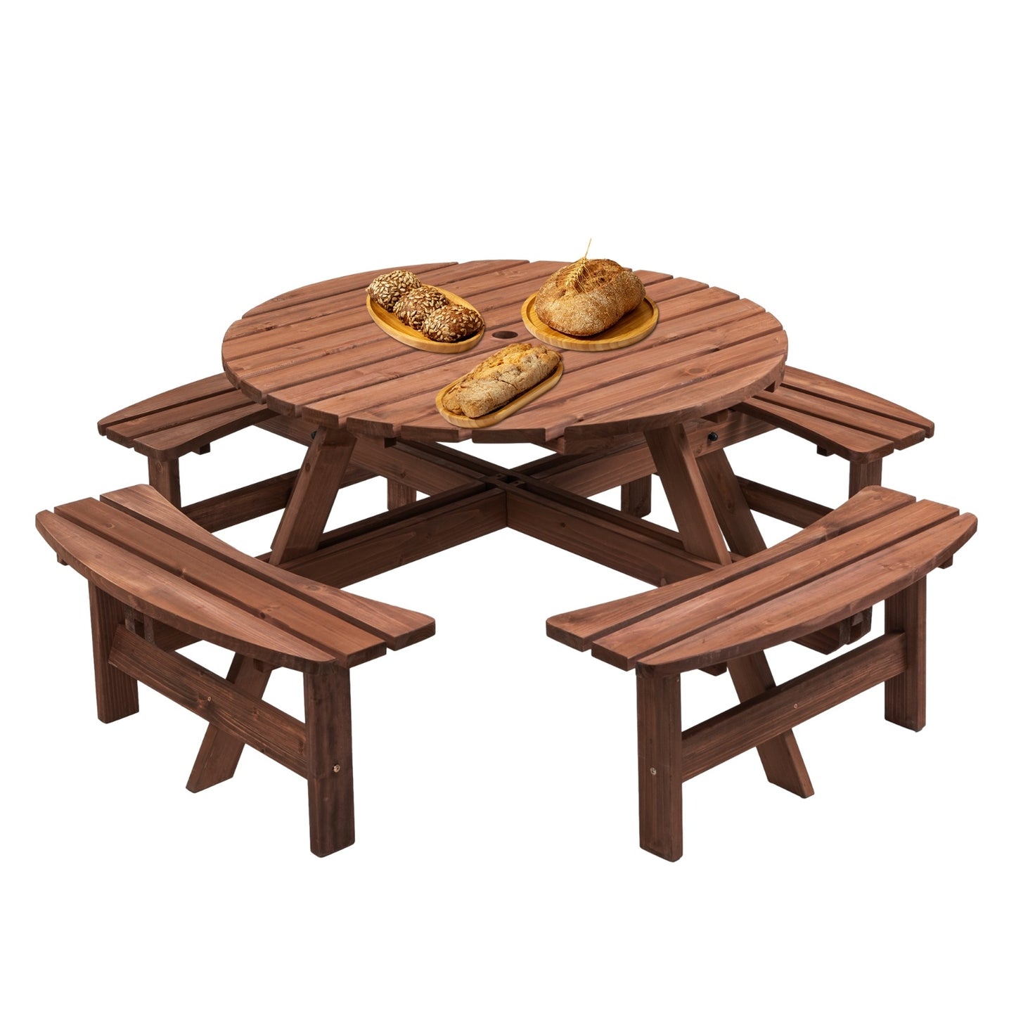 8-Person Wooden Picnic Table with 4 Built-in Benches – Round Outdoor Camping & Garden Dining Table, 2220lb Capacity, Fir Wood | Infinity Bazaar