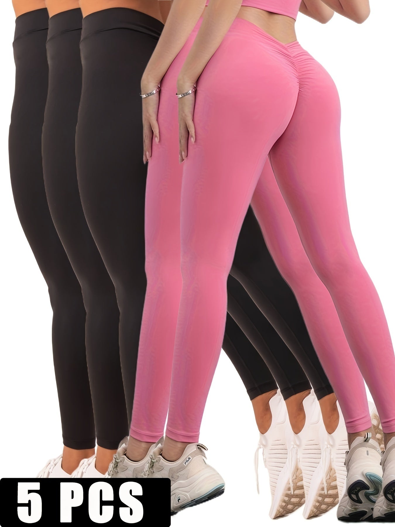 5-Pack Women’s Butt-Lift High-Waisted Yoga Leggings – Seamless V-Back Tummy Control Fitness Tights | Infinity Bazaar