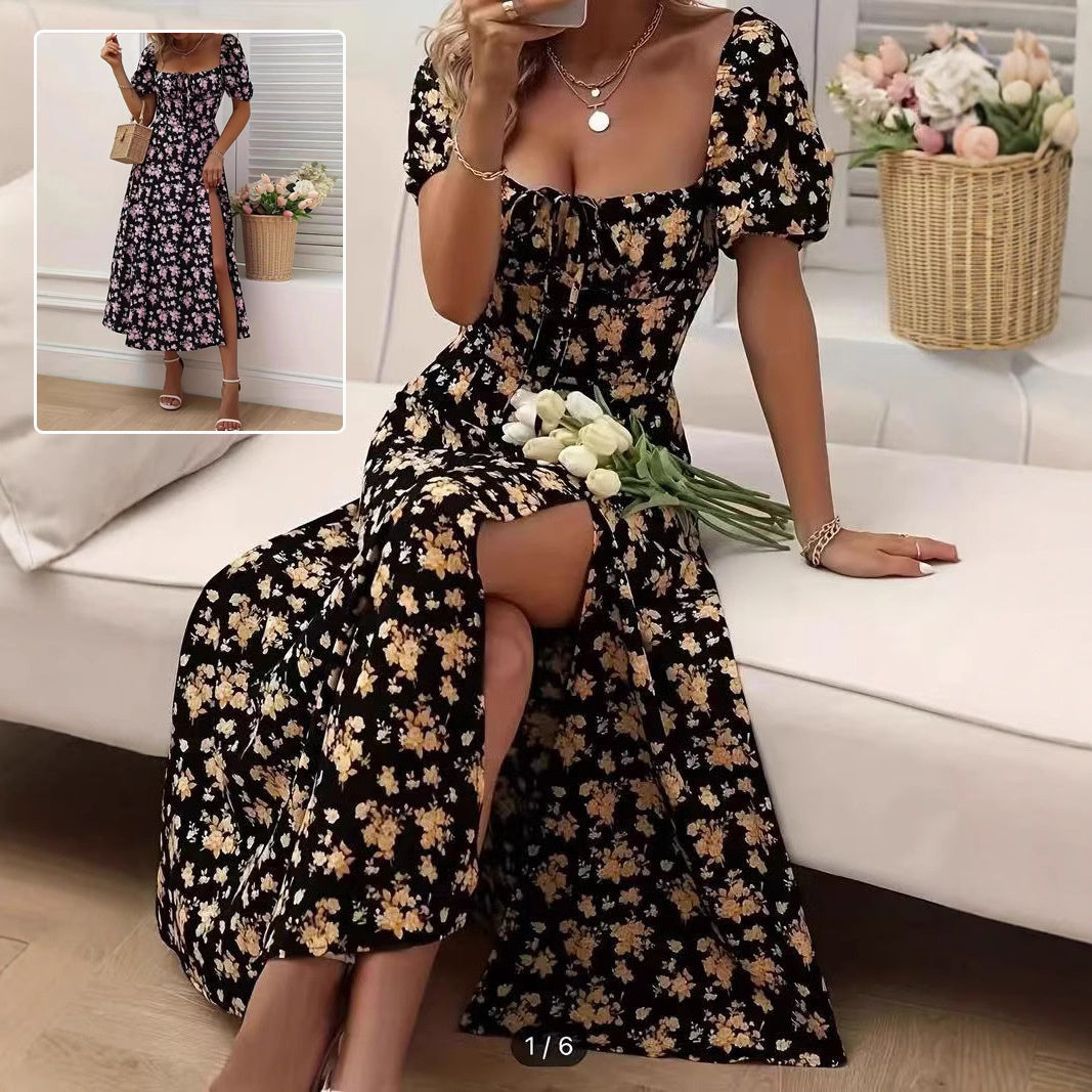 Women’s Floral Print Short Sleeve Split Long Summer Dress | Infinity Bazaar