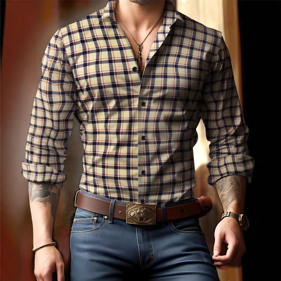 Breathable Casual Versatile Lattice Men's Long Sleeve Shirt