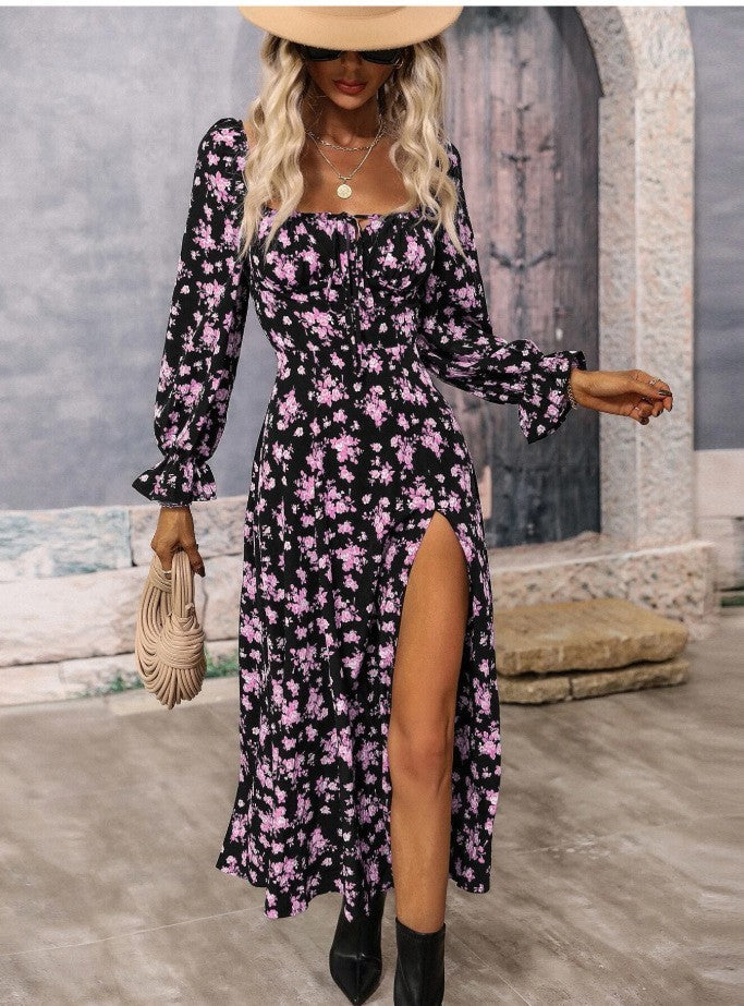 Women’s Floral Long Sleeve Square-Neck Dress with Bottom Slit | Infinity Bazaar