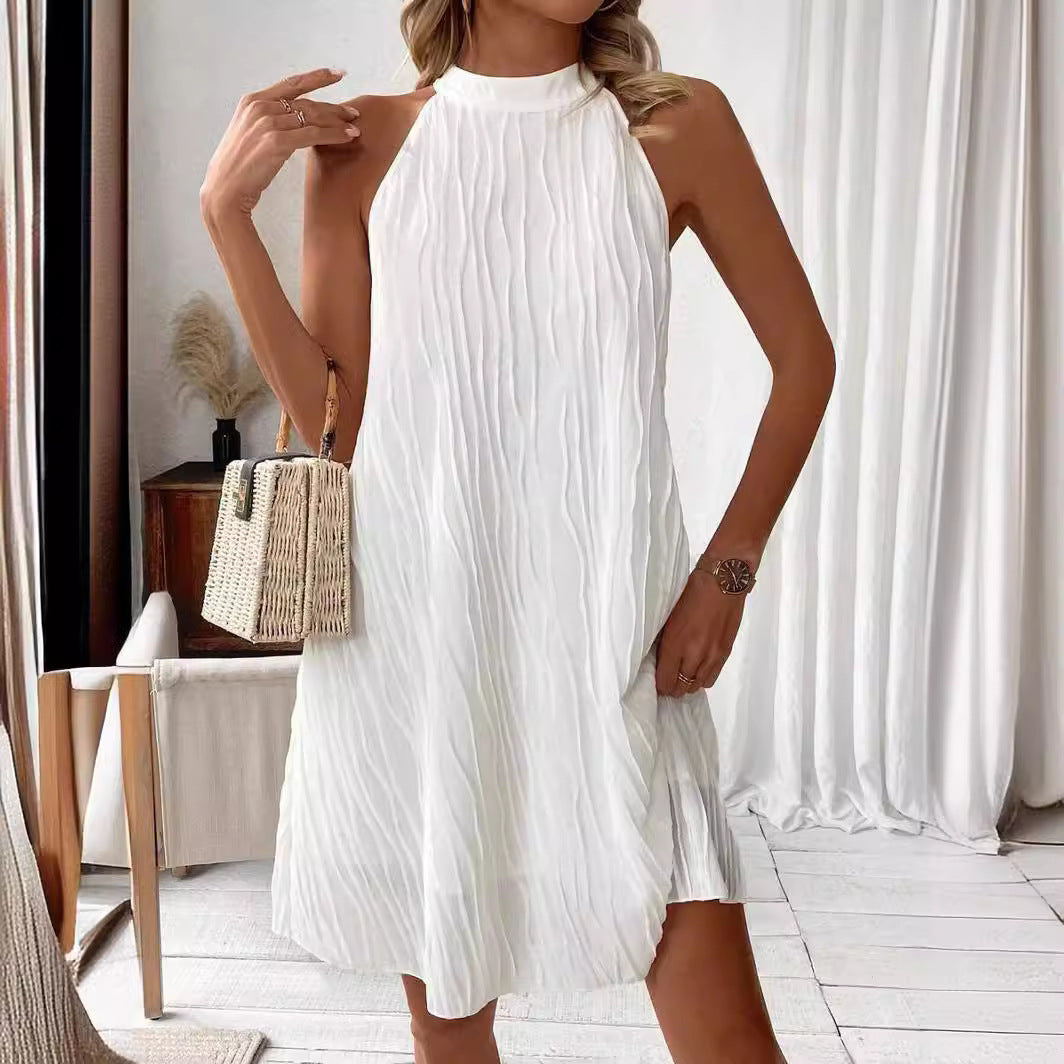 Halter Backless Pure Color Sun Dress – Sleeveless Mid-Length Dress for Women | Infinity Bazaar