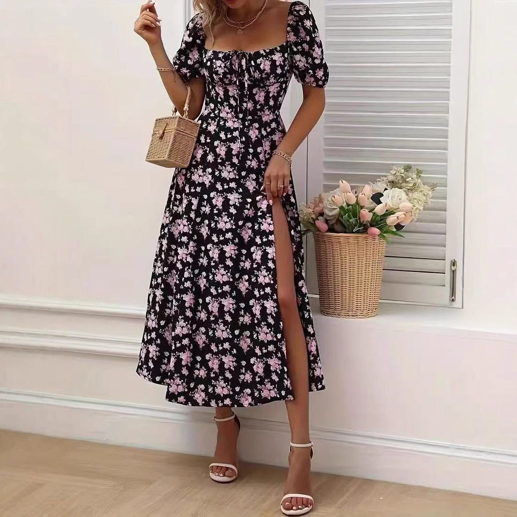 Women’s Floral Print Short Sleeve Split Long Summer Dress | Infinity Bazaar