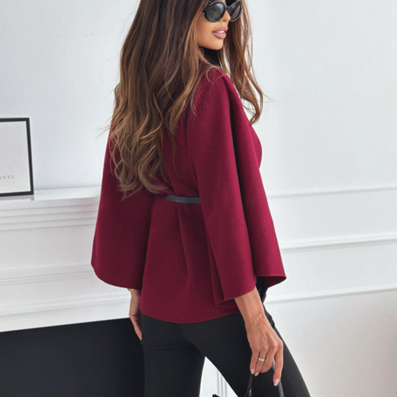 Collar Batwing Sleeves Cloak Top With Belt - Sweater Outwear For Women Clothing