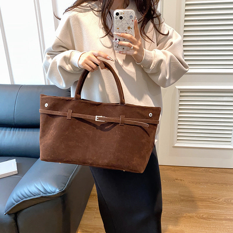 Women's Solid Faux Suede Large Capacity Casual Tote Bags