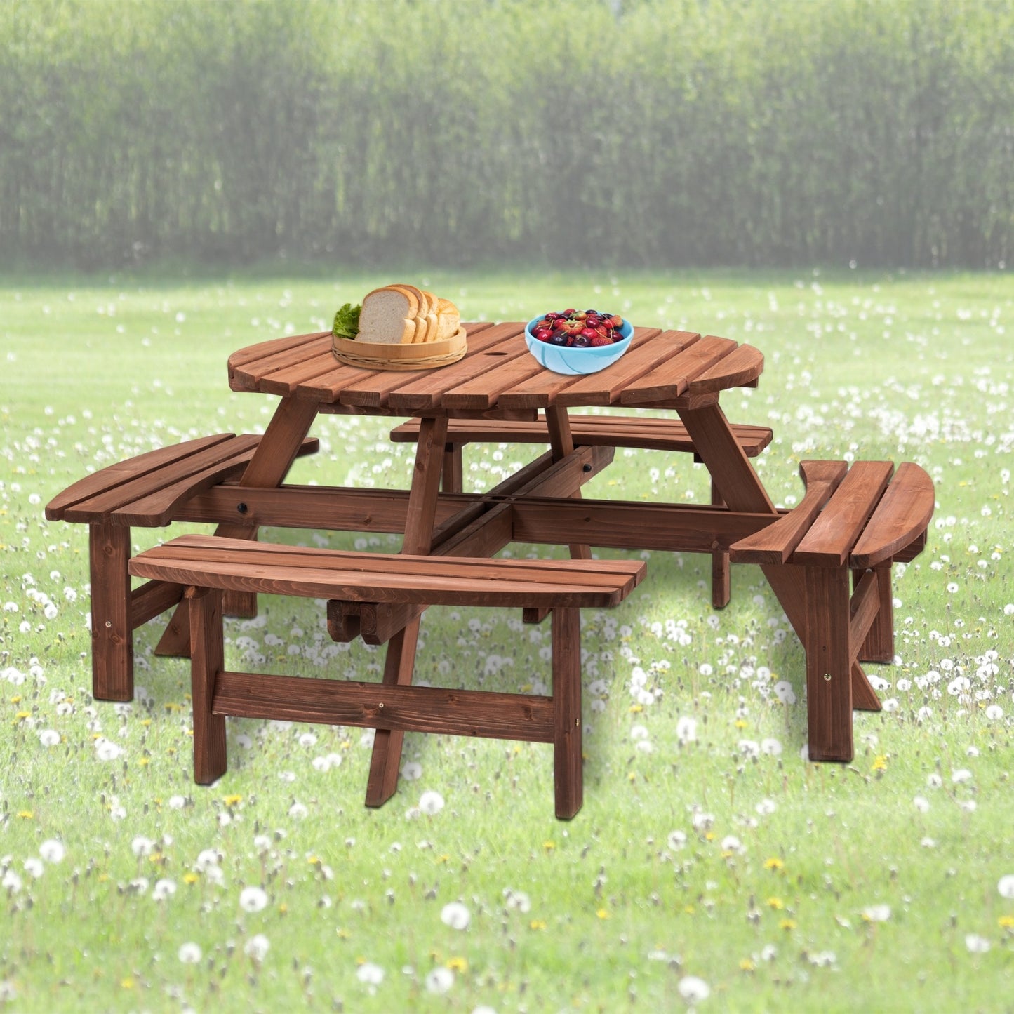 8-Person Wooden Picnic Table with 4 Built-in Benches – Round Outdoor Camping & Garden Dining Table, 2220lb Capacity, Fir Wood | Infinity Bazaar