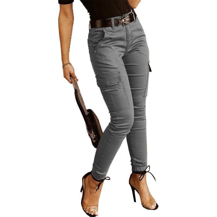 Women's Trousers, Low-waisted Buttons, Solid Color Pockets