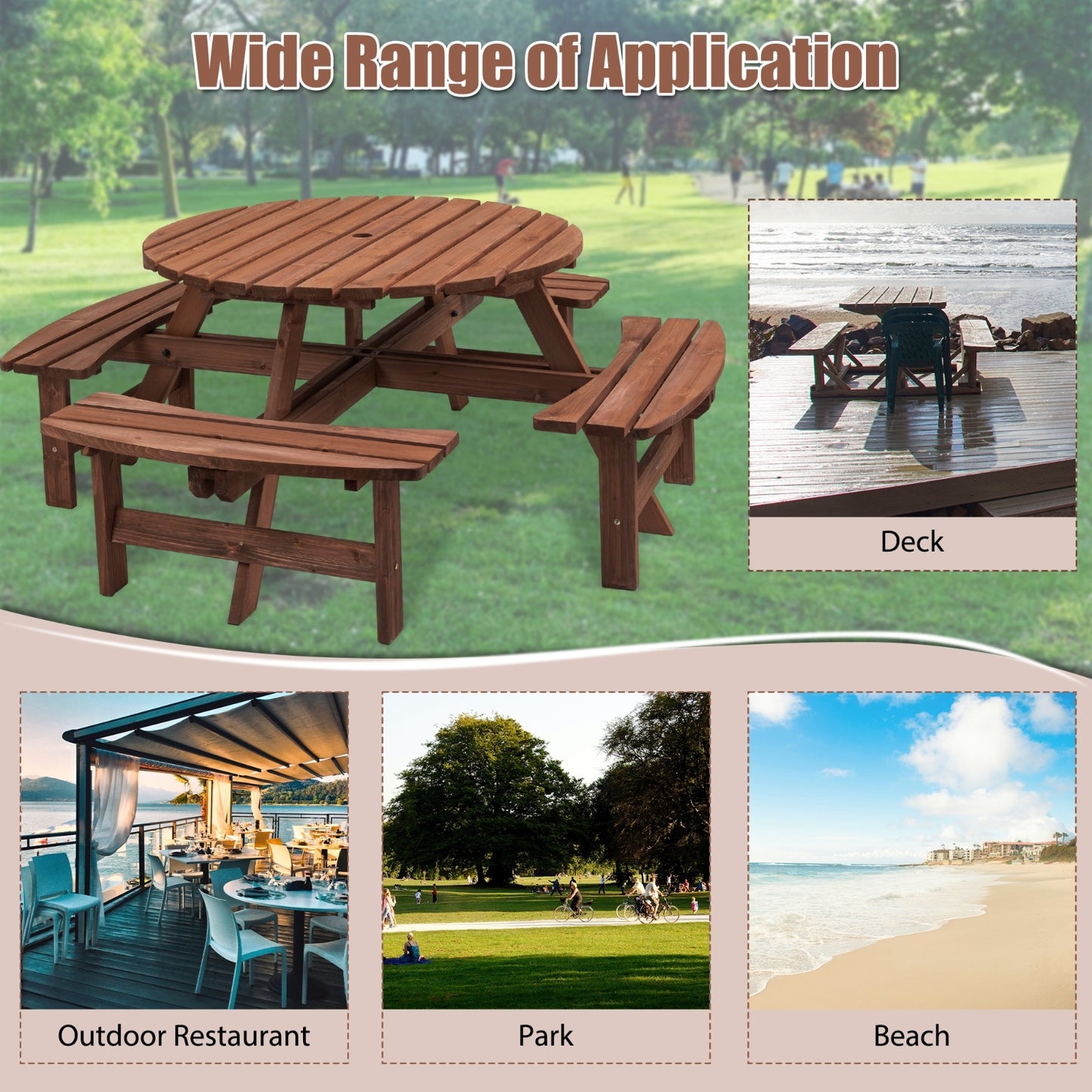 8-Person Wooden Picnic Table with 4 Built-in Benches – Round Outdoor Camping & Garden Dining Table, 2220lb Capacity, Fir Wood | Infinity Bazaar