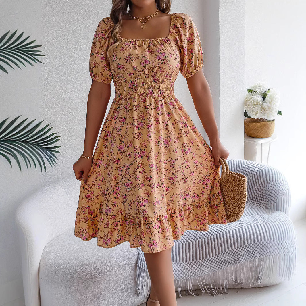 Women's Floral Print Square Collar Summer Dress with Ruffles | Infinity Bazaar